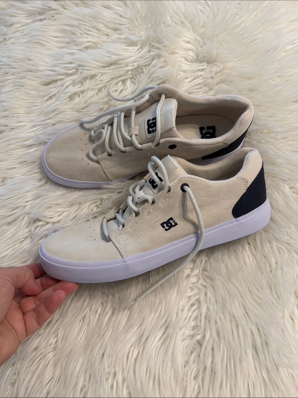 DC Men’s Beige Suede Sneakers with Black Heel Accents size 10 leather
